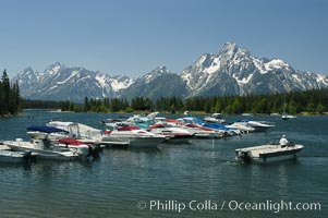 Colter Bay Marina on Jackson Lake with Mount Moran in the distance, Grand Teton National Park, Wyoming