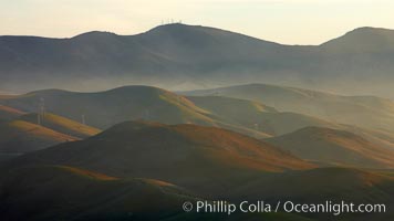 Hills between Morro Bay and Atascadero, early morning light, power transmission lines and signal attenae