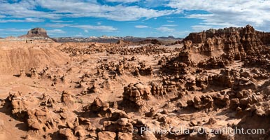 Hoodoos in Goblin Valley State Park, aerial panorama. The "goblins" are technically known as hoodoos, formed through the gradual erosion of Entrada sandstone deposited 170 millions years ago. Aerial panoramic photograph
