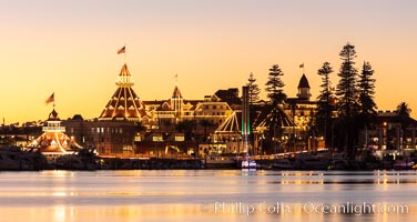 Hotel del Coronado with holiday Christmas night lights, known affectionately as the Hotel Del. It was once the largest hotel in the world, and is one of the few remaining wooden Victorian beach resorts.  The Hotel Del is widely considered to be one of Americas most beautiful and classic hotels. Built in 1888, it was designated a National Historic Landmark in 1977