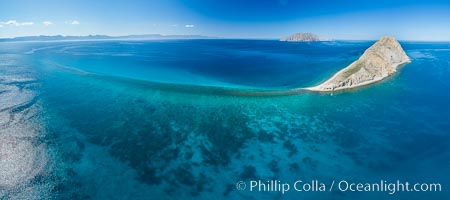 Isla San Diego and Coral Reef, reef extends from Isla San Diego to Isla San Jose,  aerial photo, Sea of Cortez, Baja California