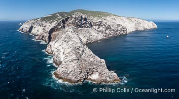 Isla San Pedro Martir aerial photo, Sea of Cortez, Mexico. San Pedro Martir Island and its marine life are, since 2002, part of the San Pedro Martir Biosphere Reserve, and is regarded as a natural laboratory of adaptive evolution, similar to that of the Galapagos Islands. It is home to 292 species of fauna and flora (both land-based and aquatic), with 42 species protected by Mexican law, and 30 listed on the Red List of Threatened Species. San Pedro Martir is also unique in the area for its year-round quantity of birds. The island is the only island in the area with a perpetually swirling cloud of sea birds. This is because the water around the island, has some of the most successful marine productivity in the world