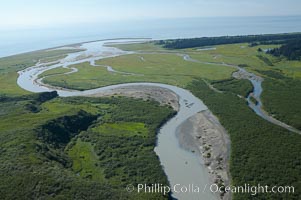 Johnson River, side waters and tidal sloughs, flowing among sedge grass meadows before emptying into Cook Inlet, Lake Clark National Park, Alaska