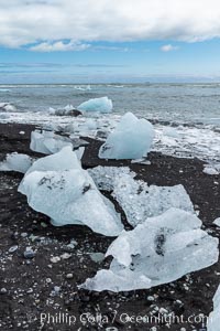 Jokulsarlon the famous black sand beach with ice cubes on it, Iceland