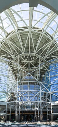 Los Angeles Convention Center, south hall, interior design exhibiting exposed space frame steel beams and glass enclosure