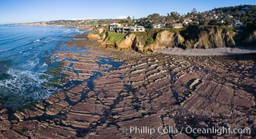 La Jolla Bay submarine reef system on extreme low King Tide, south of La Jolla Shores, aerial panoramic photo
