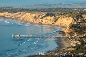 La Jolla Shores Coastline and Scripps Pier, Blacks Beach and Torrey Pines Golf Course and State Reserve, aerial photo, sunset. The Gold Coast of La Jolla basks in the warm waning light of a winter afternoon