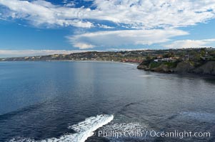 La Jolla Shores and the La Jolla Ecological Reserve and Underwater Park, looking north from the La Jolla sea caves.  Scripps Institution of Oceanography and its pier can be seen in the distance