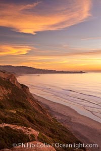 Sunset falls upon Torrey Pines State Reserve, viewed from the Torrey Pines glider port.  La Jolla, Scripps Institution of Oceanography and Scripps Pier are seen in the distance