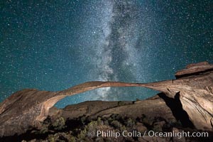 Landscape Arch and Milky Way, stars rise over the arch at night, Arches National Park, Utah