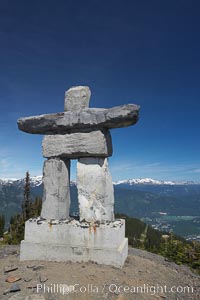 Ilanaaq, the logo of the 2010 Winter Olympics in Vancouver, is formed of stone in the Inukshuk-style of traditional Inuit sculpture.  Located near the Whistler mountain gondola station, overlooking Whistler Village and Green Lake in the distance