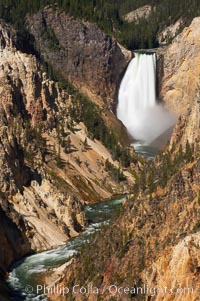 The Lower Falls of the Yellowstone River drops 308 feet at the head of the Grand Canyon of the Yellowstone. A long exposure blurs the fast-flowing water.  The canyon is approximately 10,000 years old, 20 miles long, 1000 ft deep, and 2500 ft wide. Its yellow, orange and red-colored walls are due to oxidation of the various iron compounds in the soil, and to a lesser degree, sulfur content, Yellowstone National Park, Wyoming