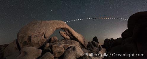 Lunar Eclipse and blood red moon sequence over Arch Rock, planet Mars above the moon, composite image, Joshua Tree National Park, April 14/15 2014