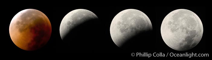 Lunar eclipse sequence, showing total eclipse (left) through full moon (right).  While the moon lies in the full shadow of the earth (umbra) it receives only faint, red-tinged light refracted through the Earth's atmosphere.  As the moon passes into the penumbra it receives increasing amounts of direct sunlight, eventually leaving the shadow of the Earth altogether.  August 28, 2007, Earth Orbit, Solar System, Milky Way Galaxy, The Universe