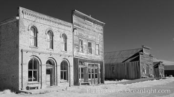 Main Street buildings, Dechambeau Hotel (left) and I.O.O.F. Hall (right), infrared, Bodie State Historical Park, California