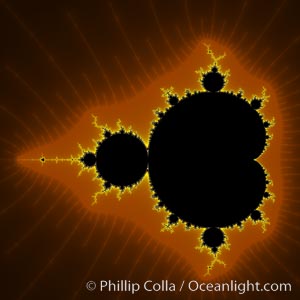 The Mandelbrot Fractal.  Fractals are complex geometric shapes that exhibit repeating patterns typified by self-similarity, or the tendency for the details of a shape to appear similar to the shape itself.  Often these shapes resemble patterns occurring naturally in the physical world, such as spiraling leaves, seemingly random coastlines, erosion and liquid waves.  Fractals are generated through surprisingly simple underlying mathematical expressions, producing subtle and surprising patterns.  The basic iterative expression for the Mandelbrot set is z = z-squared + c, operating in the complex (real, imaginary) number set, Mandelbrot set