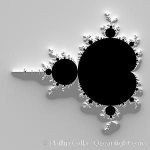 The Mandelbrot Fractal.  Fractals are complex geometric shapes that exhibit repeating patterns typified by self-similarity, or the tendency for the details of a shape to appear similar to the shape itself.  Often these shapes resemble patterns occurring naturally in the physical world, such as spiraling leaves, seemingly random coastlines, erosion and liquid waves.  Fractals are generated through surprisingly simple underlying mathematical expressions, producing subtle and surprising patterns.  The basic iterative expression for the Mandelbrot set is z = z-squared + c, operating in the complex (real, imaginary) number set, Mandelbrot set