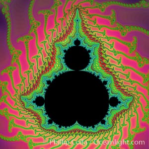 Detail within the Mandelbrot set fractal.  This detail is found by zooming in on the overall Mandelbrot set image, finding edges and buds with interesting features.  Fractals are complex geometric shapes that exhibit repeating patterns typified by self-similarity, or the tendency for the details of a shape to appear similar to the shape itself.  Often these shapes resemble patterns occurring naturally in the physical world, such as spiraling leaves, seemingly random coastlines, erosion and liquid waves.  Fractals are generated through surprisingly simple underlying mathematical expressions, producing subtle and surprising patterns.  The basic iterative expression for the Mandelbrot set is z = z-squared + c, operating in the complex (real, imaginary) number set, Mandelbrot set