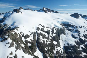 Glaciers on the summit of Mariner Mountain, on the west coast of Vancouver Island, British Columbia, Canada, part of Strathcona Provincial Park, located 36 km (22 mi) north of Tofino.  It is 1,771 m (5,810 ft) high and is snow covered year-round