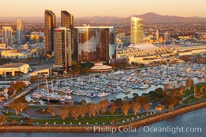 Marriott Hotel towers, rising above the Embarcadero Marine Park and yacht marina, San Diego, California