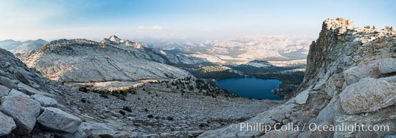 May Lake from Summit of Mount Hoffmann, sunset, viewed toward northeast including Tuolumne Meadows, panorama, Yosemite National Park
