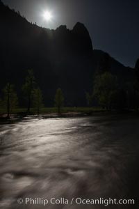 Merced River and full moon, Yosemite National Park, California