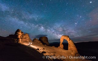 Light Painting and the Milky Way and Stars over Delicate Arch, at night, Arches National Park, Utah