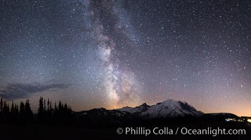 Milky Way and stars at night above Mount Rainier, Sunrise, Mount Rainier National Park, Washington