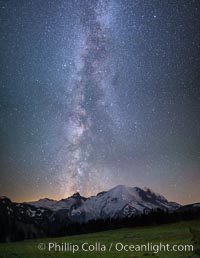 Milky Way and stars at night above Mount Rainier, Sunrise, Mount Rainier National Park, Washington