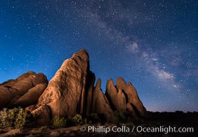 Milky Way over Sandstone Fins. Sandstone fins stand on edge.  Vertical fractures separate standing plates of sandstone that are eroded into freestanding fins, that may one day further erode into arches, Arches National Park, Utah
