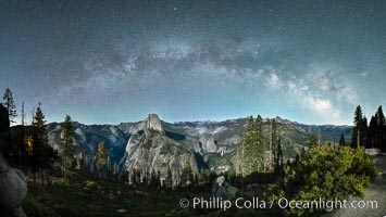 The Milky Way arches over Half Dome and the Yosemite High Country. Each year there are a couple nights where the Milky Way arches perfectly over Half Dome and the faint light of the milky way is perfectly balanced with a partial moon. I try to shoot this image each year, partly to improve upon past renditions but also simply to sit alone at night atop Glacier Point and savor the view, Yosemite National Park, California