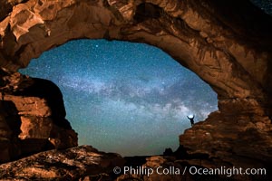 Hiker and Milky Way through North Window, Arches National Park