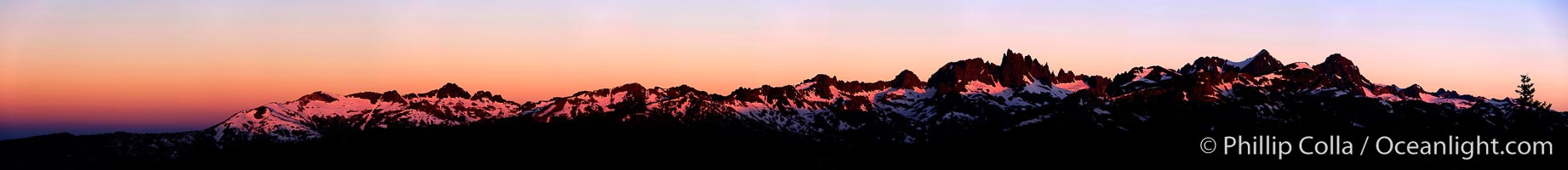 Panorama of the Minarets at sunrise, near Mammoth Mountain.  The Minarets are a series of seventeen jagged peaks in the Ritter Range, west of Mammoth Mountain in the Ansel Adams Wilderness.  These basalt peaks were carved by glaciers on both sides of the range.  The highest of the Minarets stands 12,281 feet above sea level, Mammoth Lakes, California