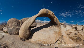 Mobius Arch panorama, with Mount Whitney (the tallest peak in the continental United States), Lone Pine Peak and Sierra Nevada Range framed within the arch. Mobius Arch is a 17-foot-wide natural rock arch in the scenic Alabama Hills Recreational Area near Lone Pine, California
