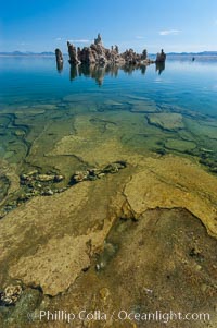 Tufa towers rise from Mono Lake.  Tufa towers are formed when underwater springs rich in calcium mix with lakewater rich in carbonates, forming calcium carbonate (limestone) structures below the surface of the lake.  The towers were eventually revealed when the water level in the lake was lowered starting in 1941.  South tufa grove, Navy Beach