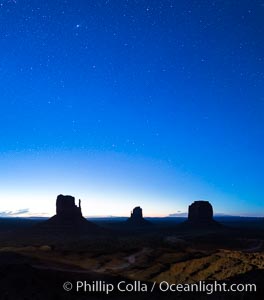 Monument Valley panorama, sunrise, dawn, stars in the sky