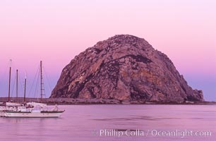 Morro Rock and Morro Bay, pink sky at dawn, sunrise