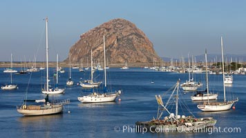 Morro Bay, boats and Morro Rock in the distance