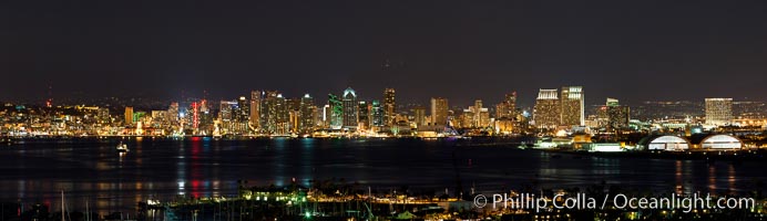 City lights of downtown San Diego surround the San Diego bay