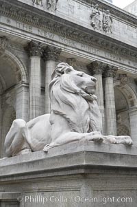 The stone lions Patience and Fortitude guard the entrance to the New York City Public Library, Manhattan