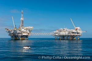 Oil platforms Ellen (left) and Elly (right) lie in 260' of seawater 8.5 miles off Long Beach, California