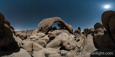 Panoramic image of Arch Rock lit by a full moon, Joshua Tree National Park, California