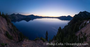 Panoramic picture of Crater Lake at dawn, sunrise, morning, panorama of Crater Lake National Park