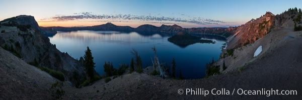 Panoramic picture of Crater Lake at dawn, sunrise, morning, panorama of Crater Lake National Park