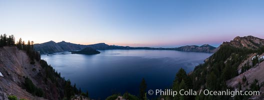 Panoramic picture of Crater Lake at dawn, sunrise, morning, panorama of Crater Lake National Park