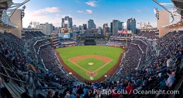 Petco Park, home of the San Diego Padres professional baseball team, overlooking downtown San Diego at dusk