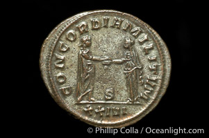 Roman emperor Aurelian (270-275 A.D.), depicted on ancient Roman coin (bronze, denom/type: Antoninianus) (Antoninianus VF. Obverse: IMP C AVRELIANVS AVG. Reverse: CONCORDIA MILITVM, S, XXIVI exergue.)
