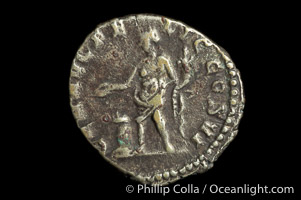 Roman emperor Commodus (177-192 A.D.), depicted on ancient Roman coin (silver, denom/type: Denarius) (AR , Denarius Obverse: M.COMM.ANT.P.FEL.AVG.BRIT.PP. Reverse: GEN.AVG.FLIC.COS.VI.  Genius standing left sacrificing scepter from a patera over an alter.)