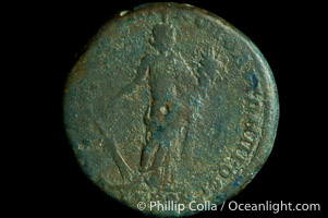 Roman emperor Diadumenian (217-218 A.D.), depicted on ancient Roman coin (bronze, denom/type: AE25) (AE 25 of Nicopolis in Moesia. Obverse: Draped and cuirassed bust right. Reverse: Tyche standing left, holds rudder and cornucopia. VG.)