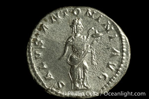 Roman emperor Elegabalus (218-222 A.D.), depicted on ancient Roman coin (silver, denom/type: Antoninianus) (Antoninianus Obverse: IMP.CAES.M.AVR.ANTONINUS.AVG. Reverse: SALUS.ANTONINI.AVG. salus standing half right, holding snake across body and feeding it.)